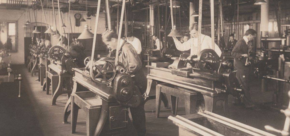 Interior of the Bradford Durfee Textile School in Fall River, Massachusetts Machine Shop 1914