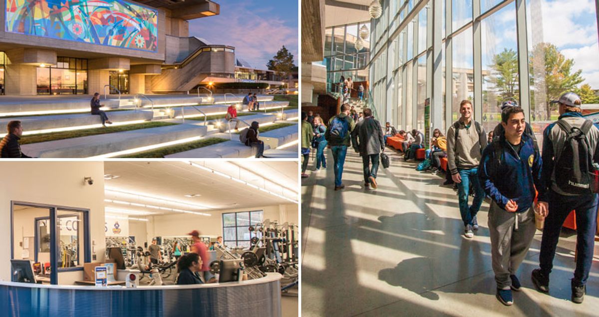 UMass Dartmouth quad, fitness center and library