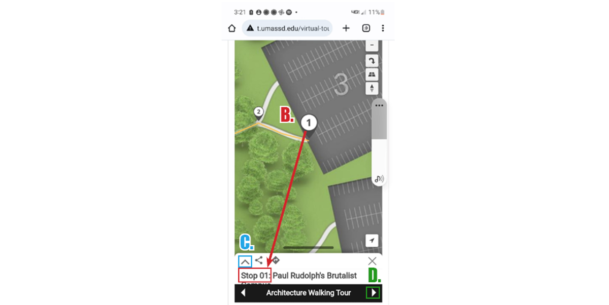 Locations on the UMassD campus map referenced by points B, C, and D, which indicate steps in how to use the mobile view. See Figure 1 for full description.