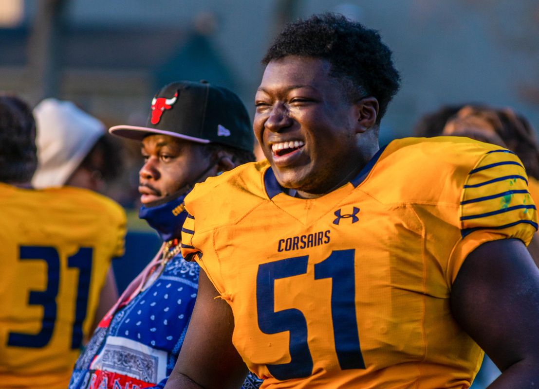Mekhi Geter smiles after a 42-16 New England Bowl win over Alfred State College