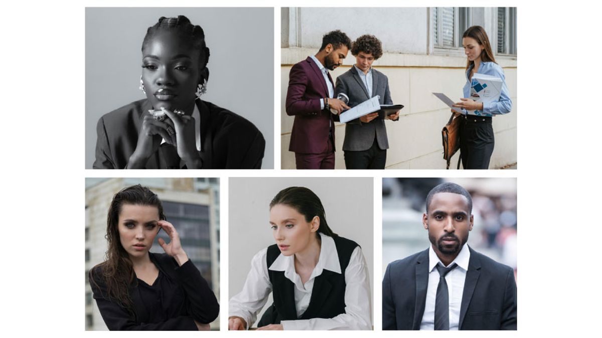 Block of 5 images of professionals: African American woman with her chin on her folded hands; 2 business men and a business woman standing and looking at papers; a brunette woman with dark eye makeup posing with her hand at her face; a brunette woman sitting at her desk; and an African American man in a suit