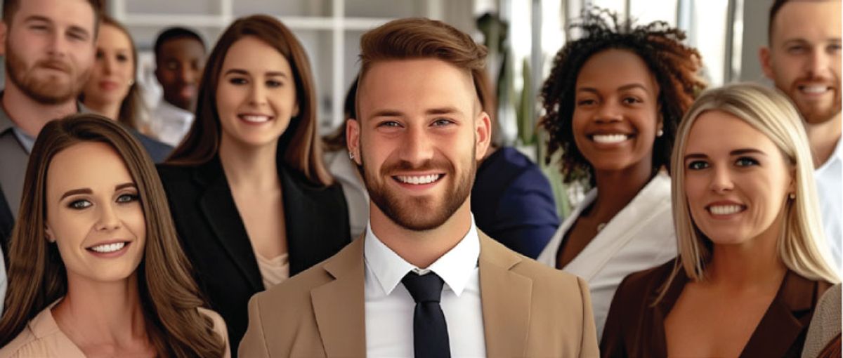 A group of diverse individuals smiling, wearing professional clothing.