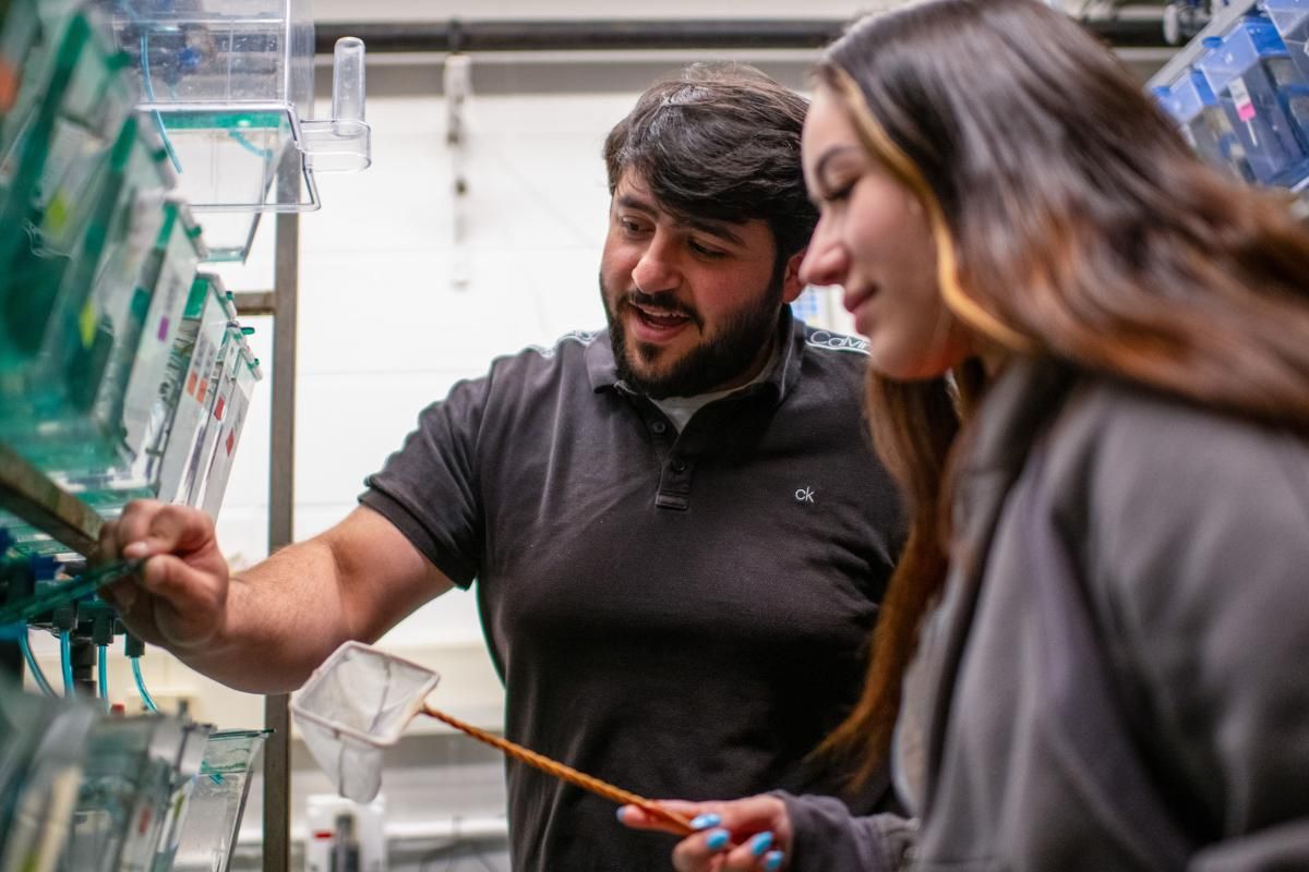 Students Mo and Jackie in the zebrafish lab