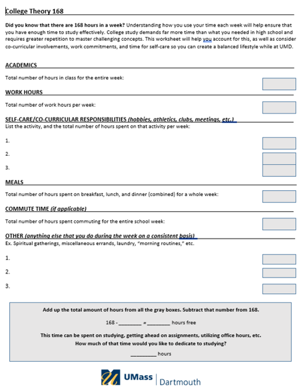 Example of a form the student can fill out to determine how to best break up their 168 hours in a week; the form breaks that time out into categories (eg. Academics, Work hours, Self-care, Meals, Commute, and Other), with boxes to enter the time spent doing these activities, and a box to total up those hours. For full description, see Fig. 1 caption.