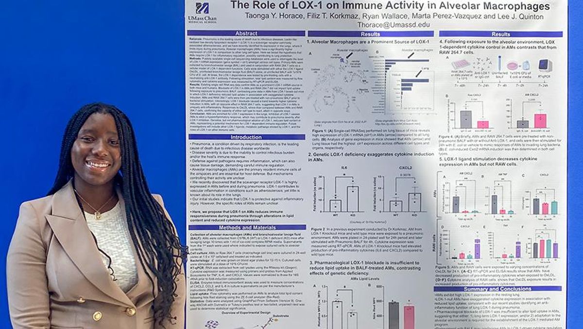 Taonga standing in front of research poster