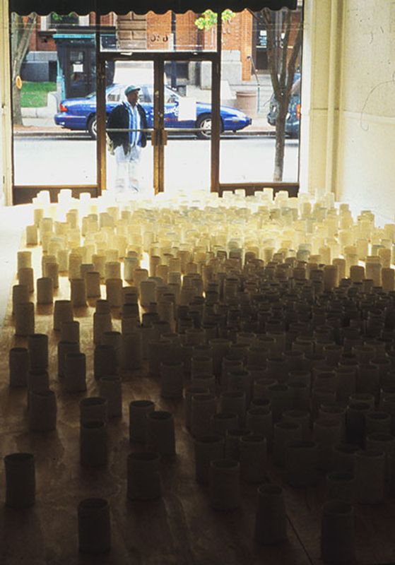 COCA artwork on display at a downtown New Bedford vacated storefront by MFA Ceramics student, Jody Burr '02