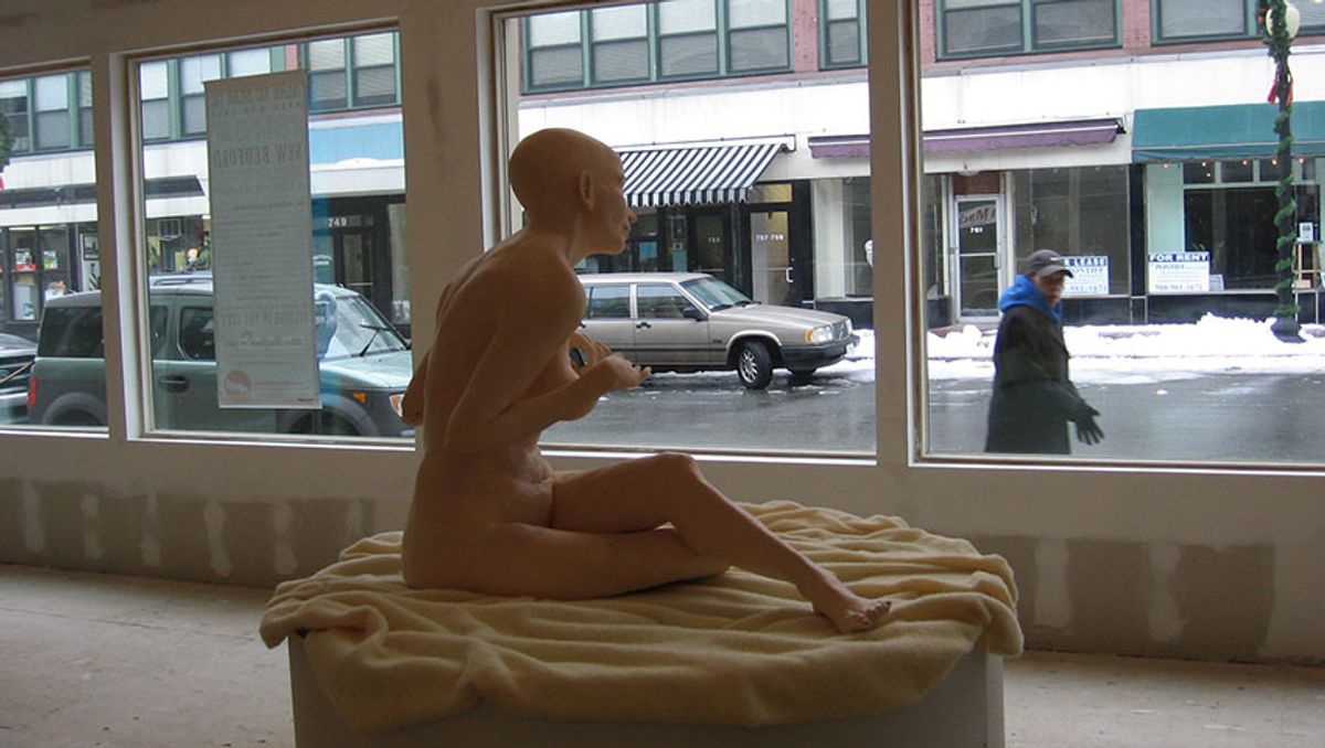 COCA artwork on display at a downtown New Bedford vacated storefront by PBC Ceramics student, Corinne Beardsley ‘08