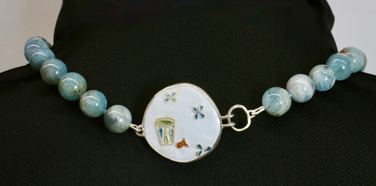 Dixie Cups & Goldfish, 2021, aquamarine, silk, cloisonné enamel, sterling silver