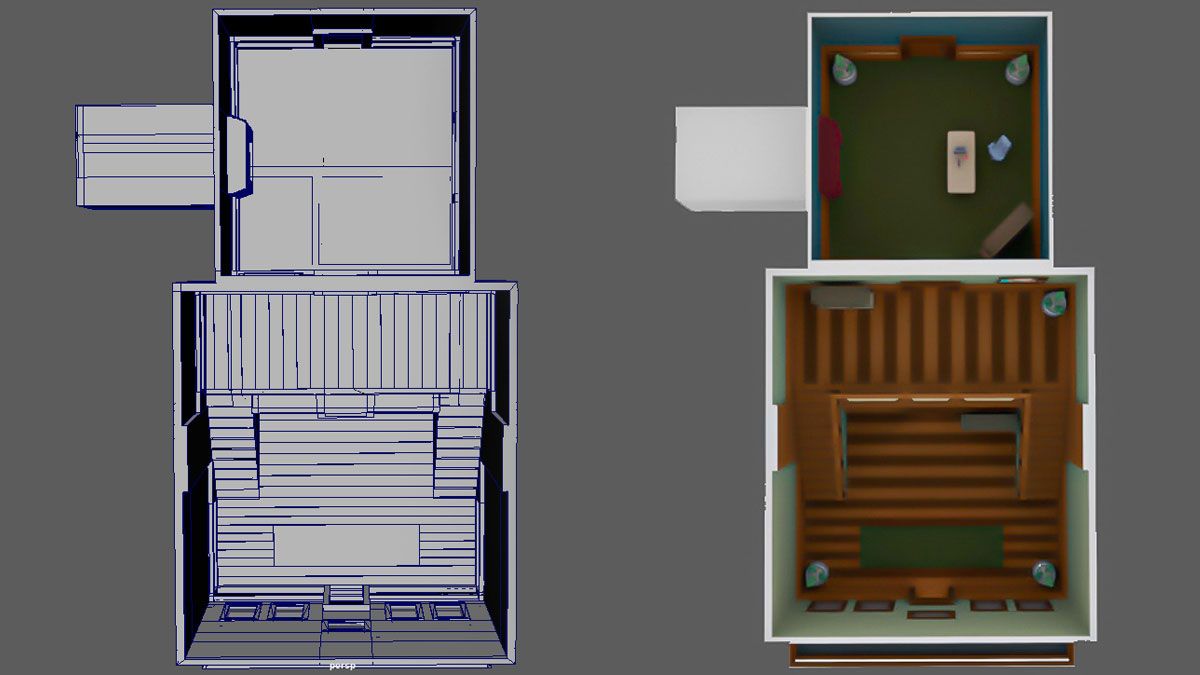 Final Layout, 2022, a bird's-eye view of the level's final layout of the foyer and office