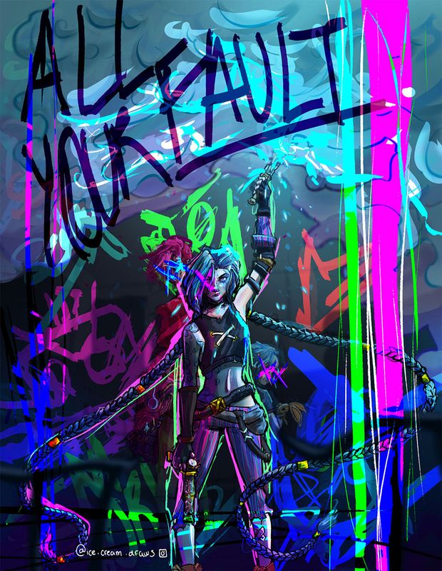 All Your Fault, 2021, based on the Netflix show “Arcane” which follows the story of Jinx (pictured) and her downward spiral into tragedy, 10 x 14 in