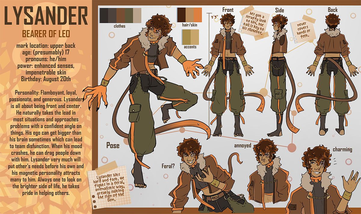 Event Horizon: Lysander Character Sheet, 2022, character reference sheet for one of the main characters of Event Horizon, Lysander the Bearer of Leo, 15 x 8 in
