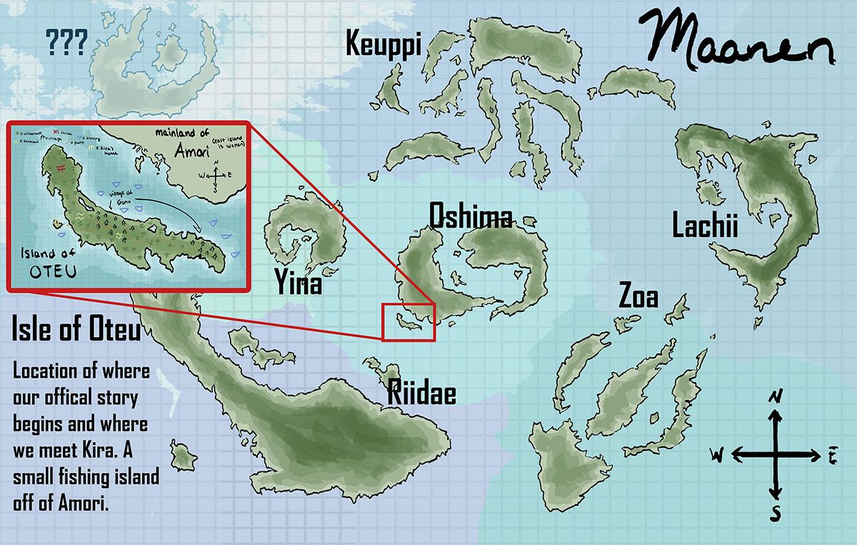 Event Horizon: Map of Maanen, 2021, map of an original world known as Maanen, a world covered in 85% water and inhabited by a fish like species of people, 16 x 10.5 in