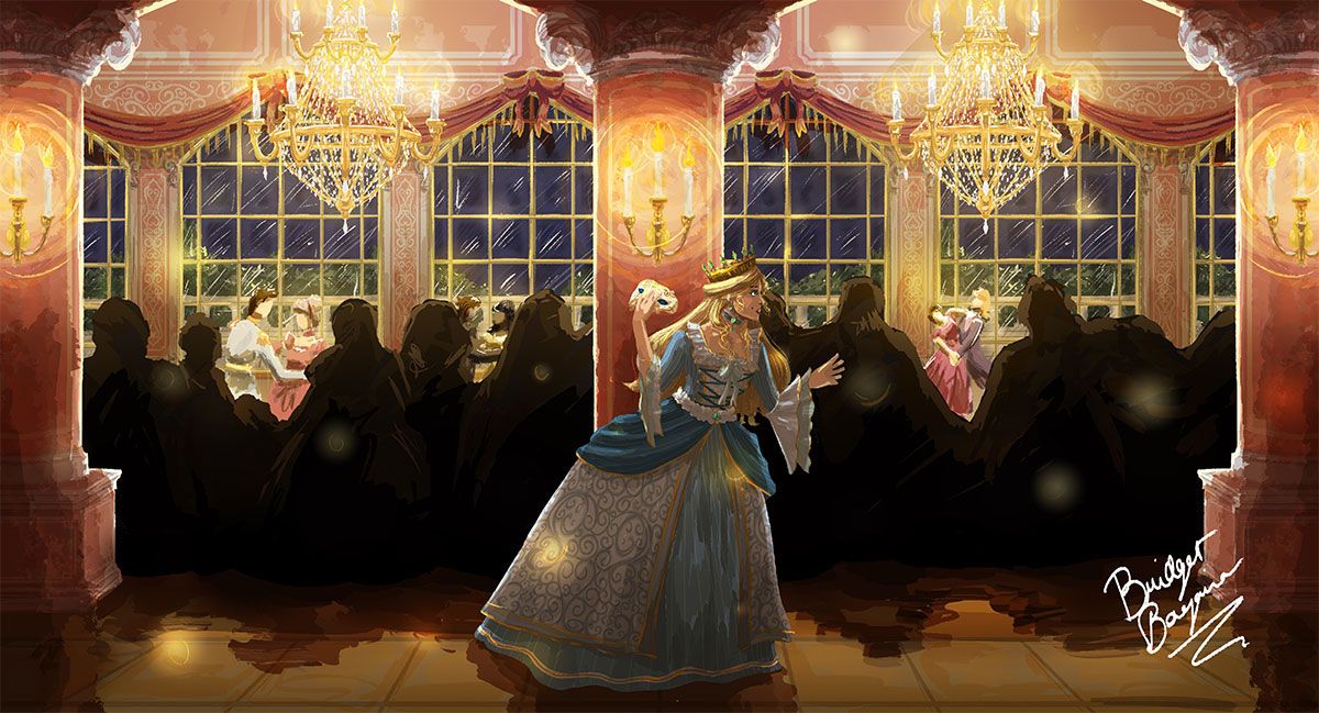 A Dance Behind the Mask, 2021, part of an original game concept called “Mask Off” in which the princess protagonist attempts to flee a ball using the power of a magic mask, 17 x 9 in