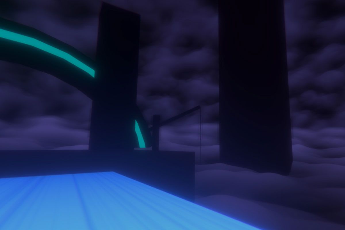Crane, 2022, looking out at the city of Eidolon 6 while crossing an activated platform