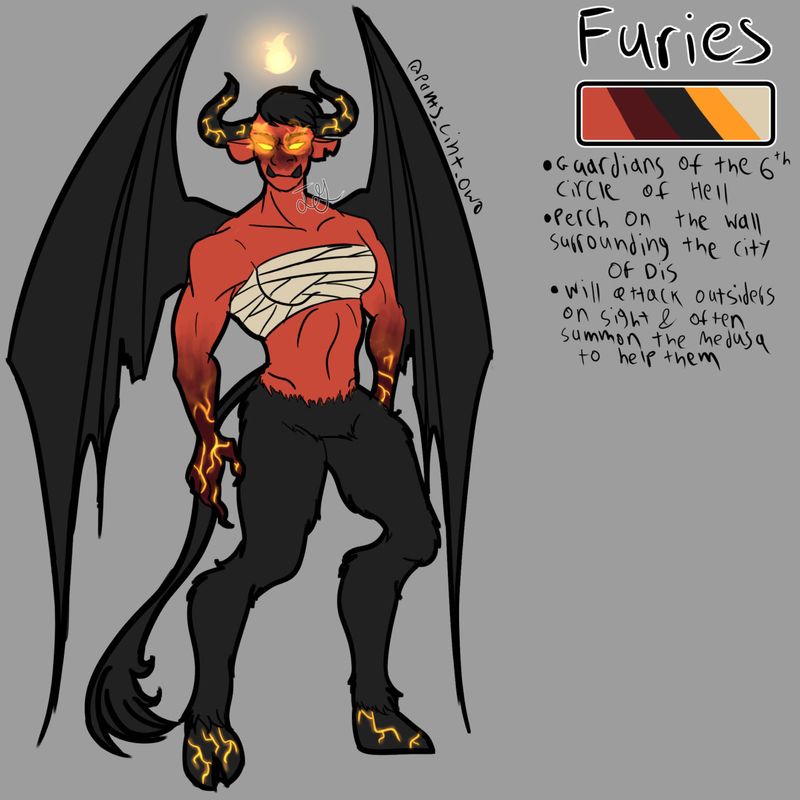 Fury, 2021, a full body reference shot to showcase the basic and constant traits of a fury, 8.5 x 8.5 in