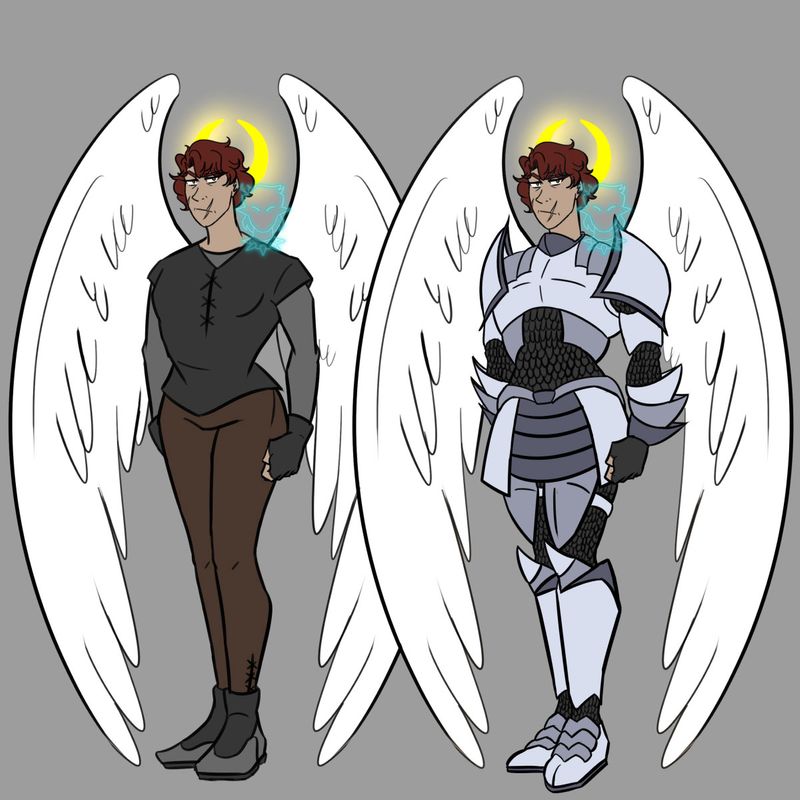 Galivarium, 2022, two side by side full body references of the angel Galivarium, one of her with her armor, the other of her without, 8.5 x 8.5 in
