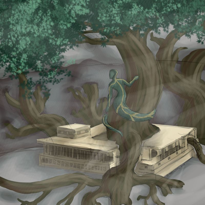 Minos’ Palace, 2021, an environmental concept piece depicting Minos’ palace in the first circle of Hell, 8.5 x 8.5 in