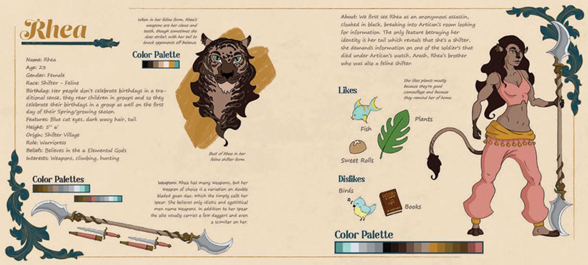 Rhea Artbook Profile, 2022, character profile in artbook created for a graphic novel, 9x20 in.