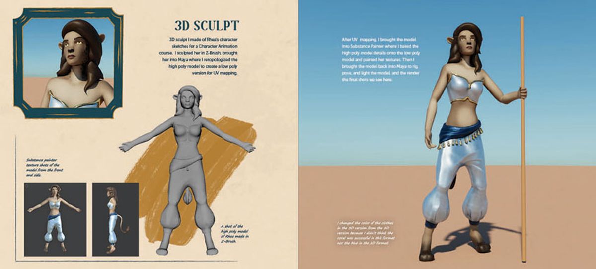 Rhea 3D Character Process, 2022, 3d character sculpt documentation, 9x20 in.