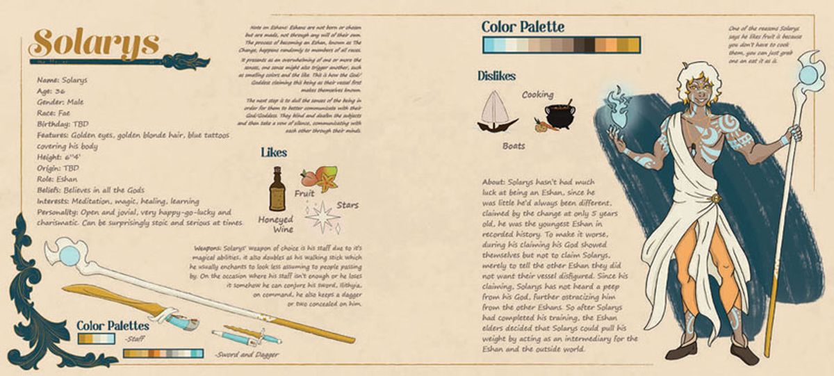 Solarys Artbook Profile, 2022, character profile in artbook created for a graphic novel, 9x20 in.