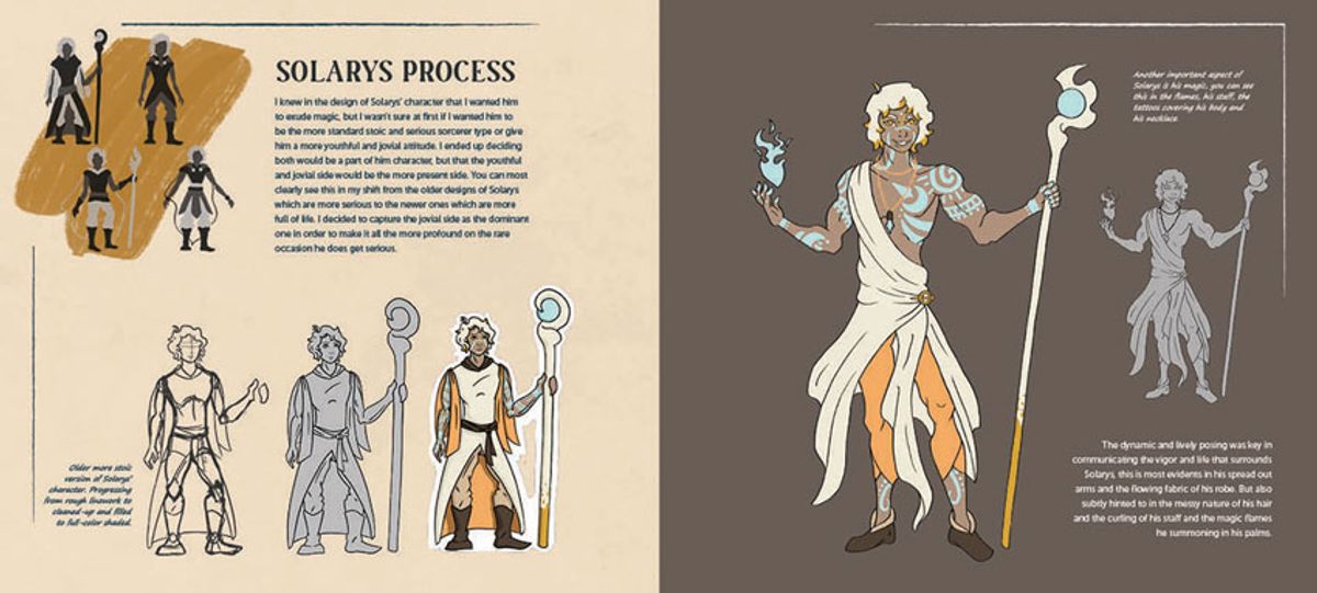 Solarys Artbook Process, 2022, character process documentation, 9x20 in.
