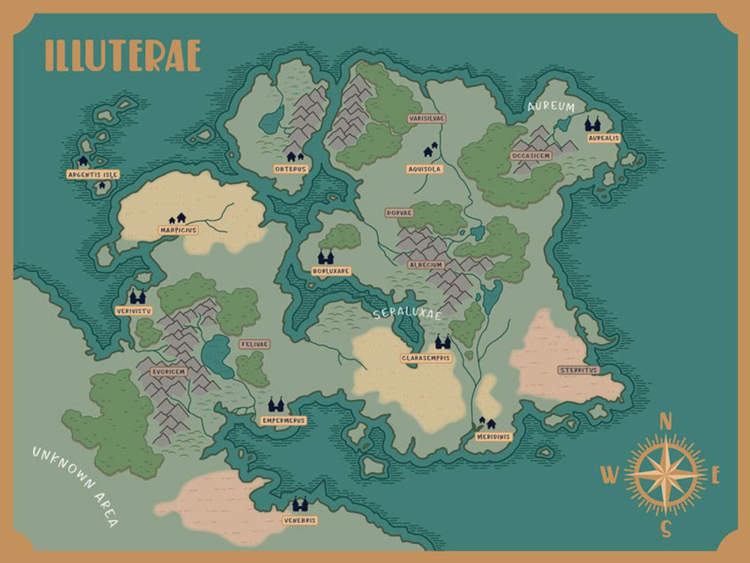 Illutarae World Map, 2021, world map created for a graphic novel, 9x12 in.