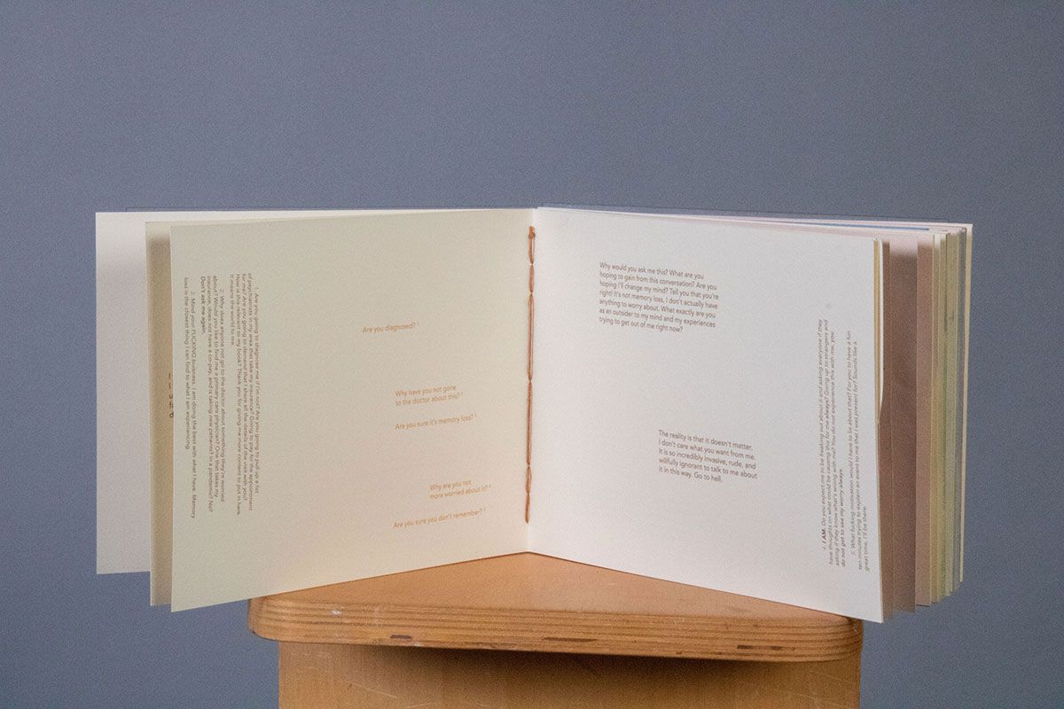 [REDACTED] Invasive Questions Spread, 2022, a spread from the first section of the book – addressing common questions I get about my memory, 15x6 in