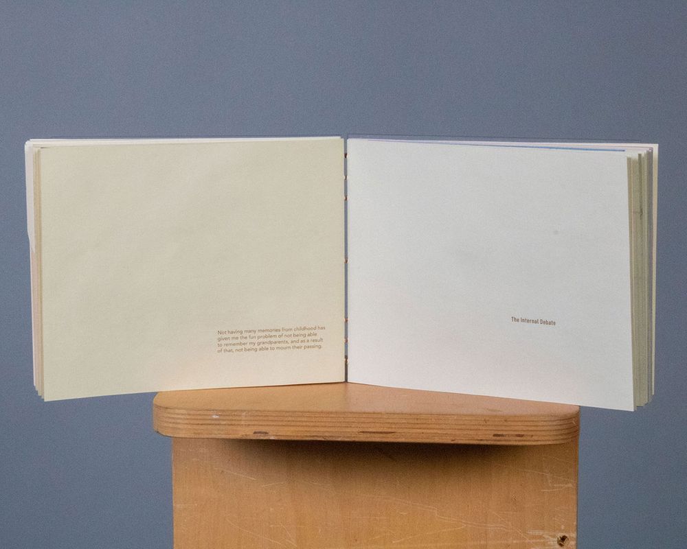 [REDACED] The Internal Debate, 2022, the first page from The Internal Debate – showing the difference in color from two folios, 15x6 in
