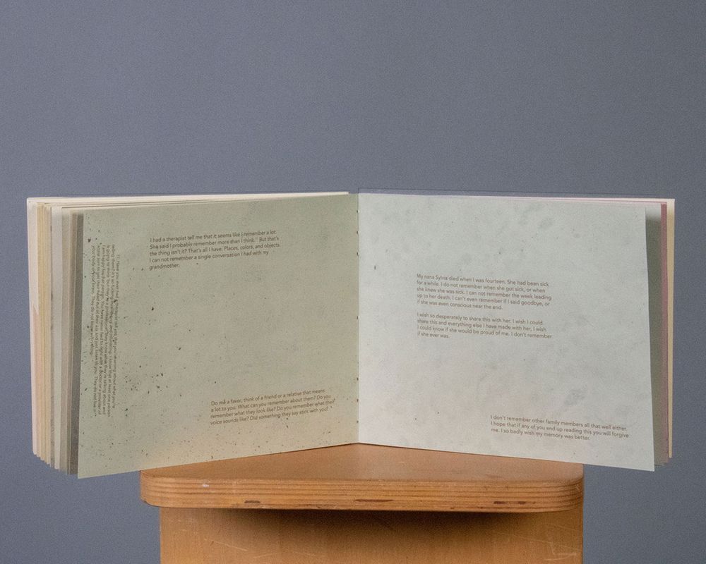 [REDACTED] Mourning and Memory Spread, 2022, a spread from Mourning and Memory – showing details in the paper left over from the blueberry dye, 15x6 in