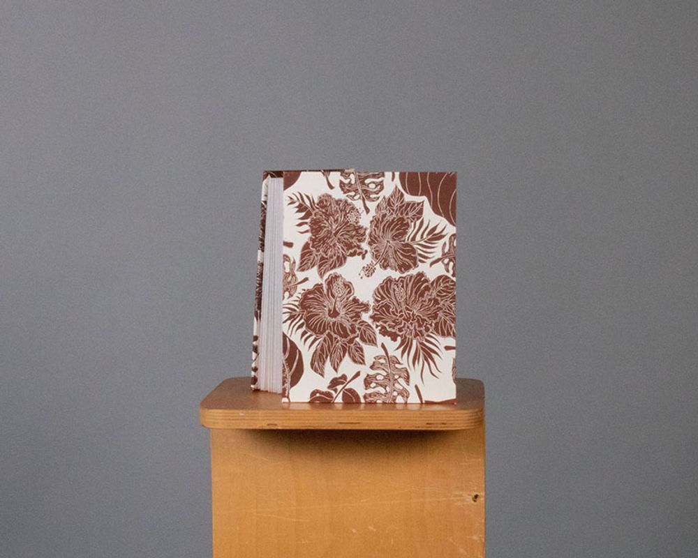 For The Sake of Me, 2022, Cover details For The Sake of Me – Handprinted linocut wallpaper on book board, 8x6 in
