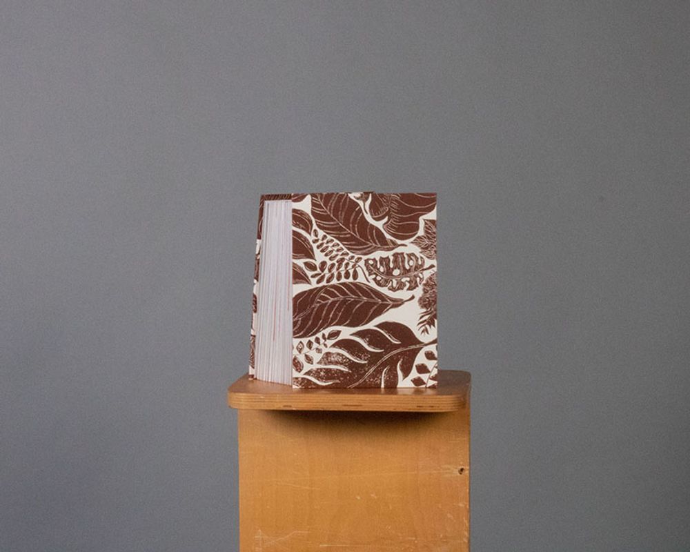 For The Sake of Me,2022,  back cover details For The Sake of Me – Handprinted linocut wallpaper on book board, 8x6 in