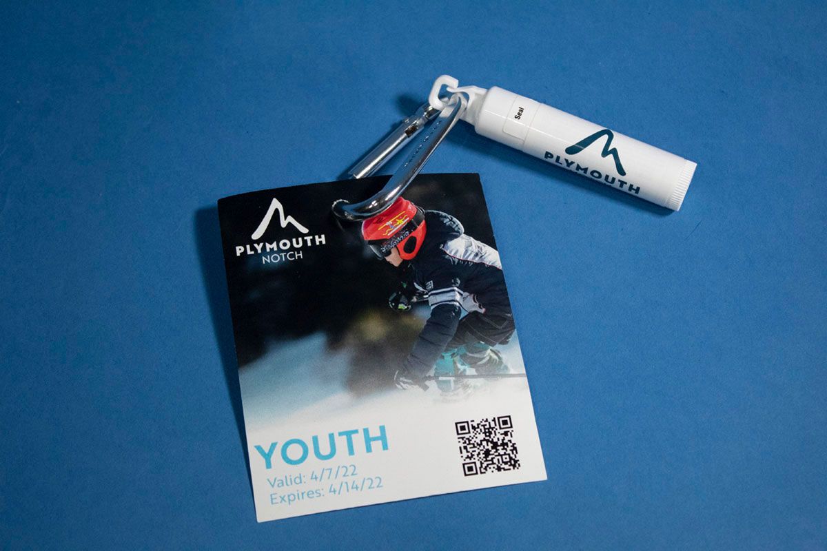 Plymouth Notch Youth Ski Pass & Lip Balm, 2022, ski passes that kids would be given to use on the mountain, 3.25 x 4in