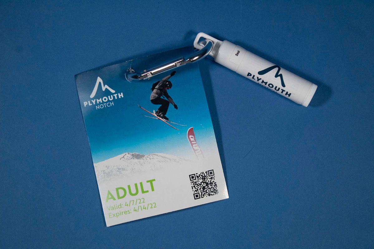 Plymouth Notch Adult Ski Pass & Lip Balm, 2022, ski passes that adults would be given to use on the mountain, 3.25 x 4in