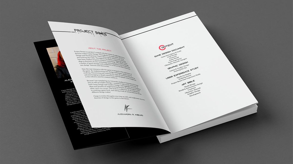 Design Book Pages 1-2, Internal Pages for “Project Bones” Book Containing Information, Art, & Description of the Game & Total Project
