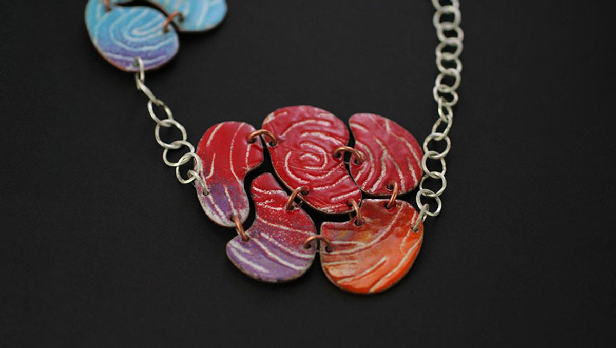 Fingerprint Necklace (detail), 2021, enamel on copper with sterling silver chain, 15 in