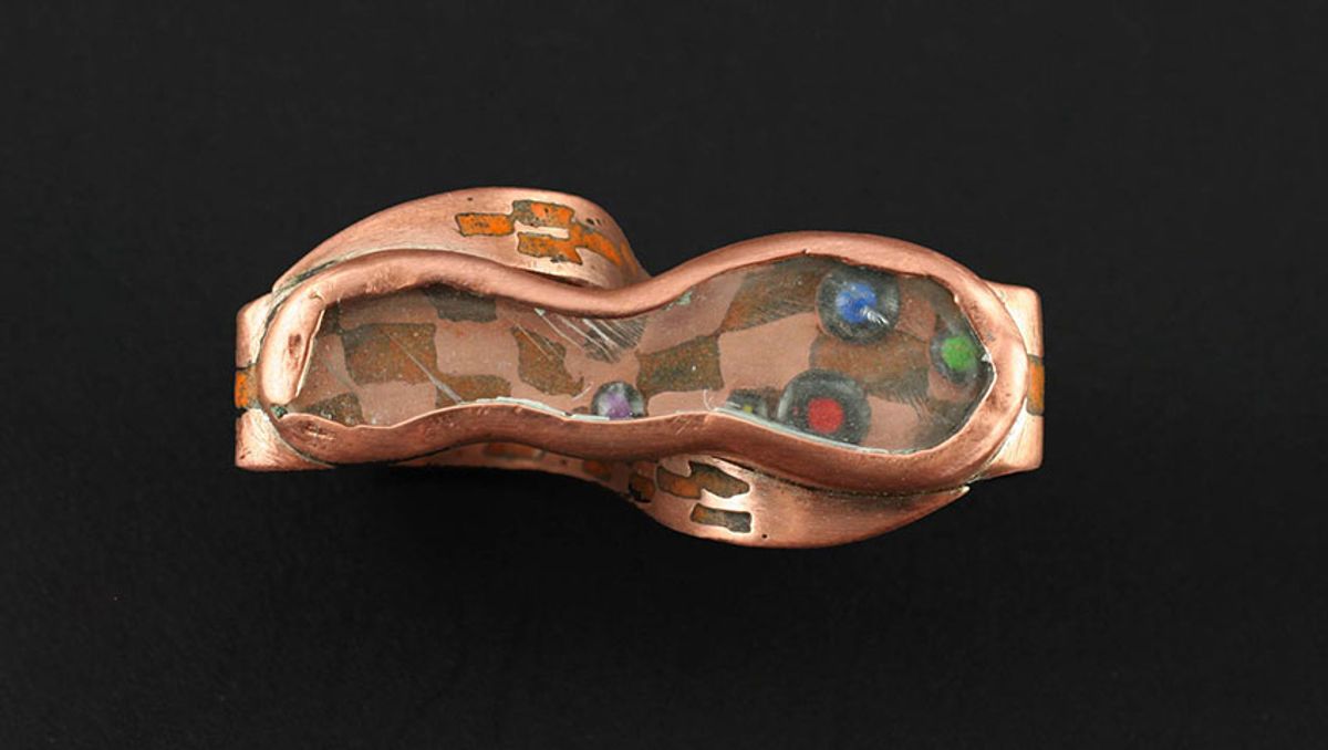 Record Ring (top), 2022, enamel on copper with acrylic, 3/4 x 1 1/2 x 7/8 in