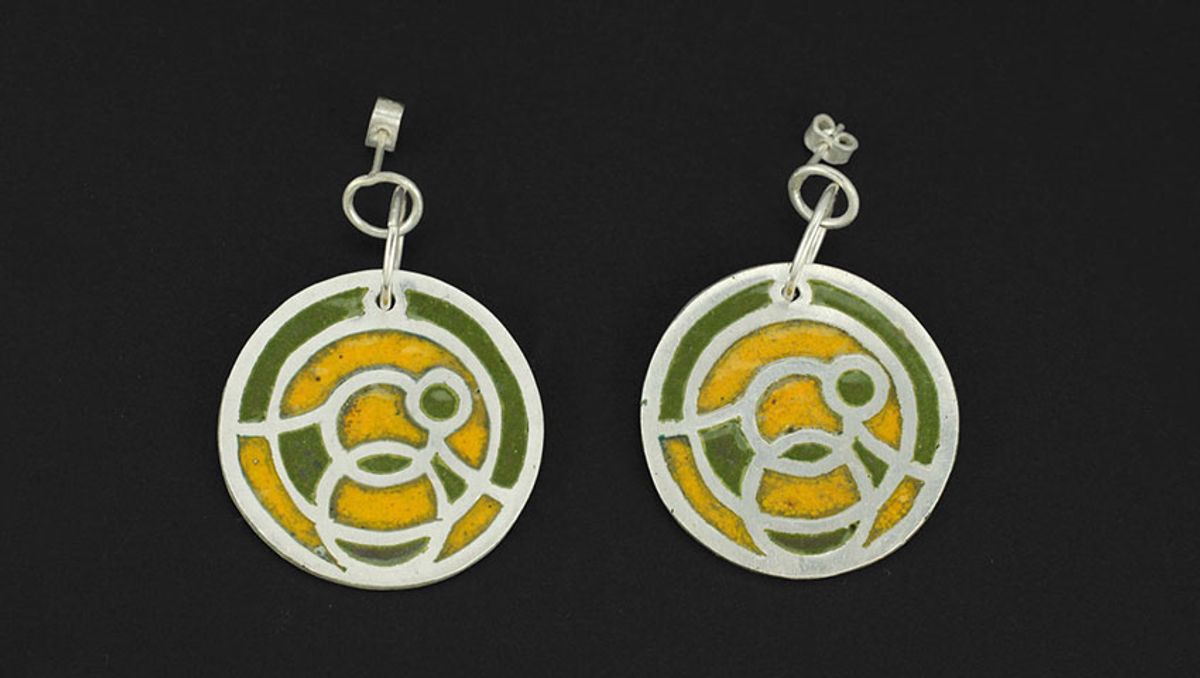Clock Gears Earrings, 2022, enamel on fine silver, 1 3/4 x 1 1/8 x 3/8 in