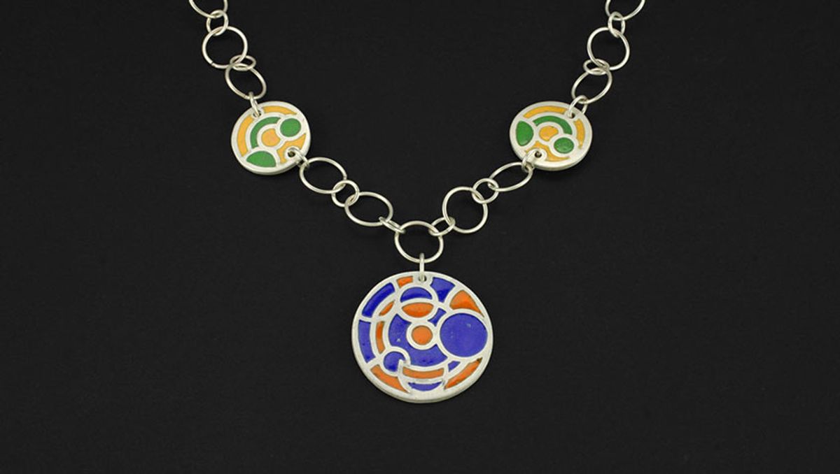 Clock Gears Necklace (detail), 2022, enamel on fine silver, 18 in