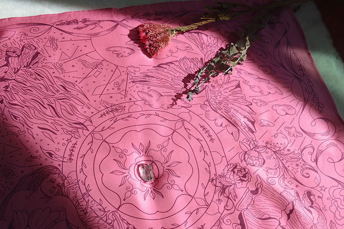 Tarot Cloth Pink (detail), from the series, Age of Aquarius, 2022, reactive dye on silk satin fabric, 22x22in