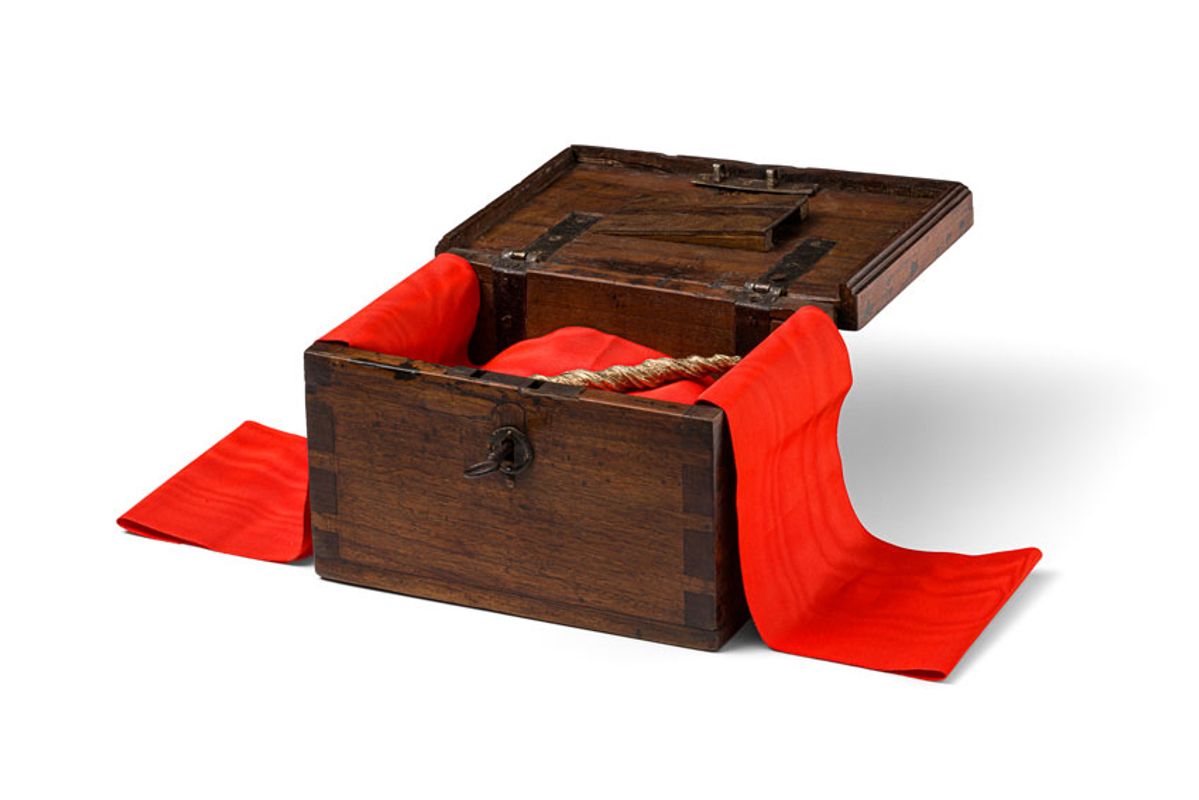 Reliquary, 2025, 18th century walnut alms box, liturgical silk, and brass horn, 20x25x17 cm
