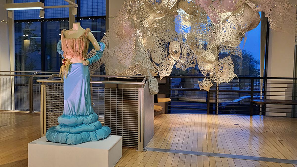 Patchwork fashion show on display in Crapo Gallery