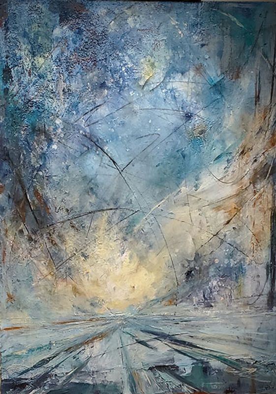 Heather Stivison, Cosmic Rays, Mixed Media on Canvas, 40” x 30”