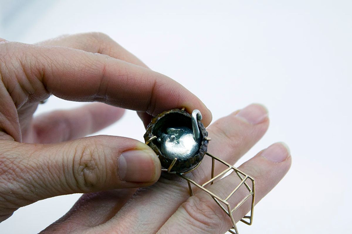 Found, sterling silver, brass, gold plating, cupule, 2” x .75” x 1.5”