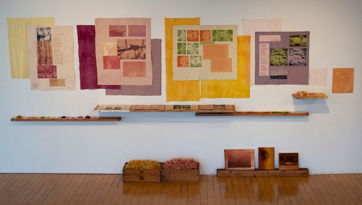 varied clarity: an index, 2021, handmade paper and ink, natural dye, cloth, reclaimed lumber, 7’ x 14’ installation. Photo credit: Hope Millham