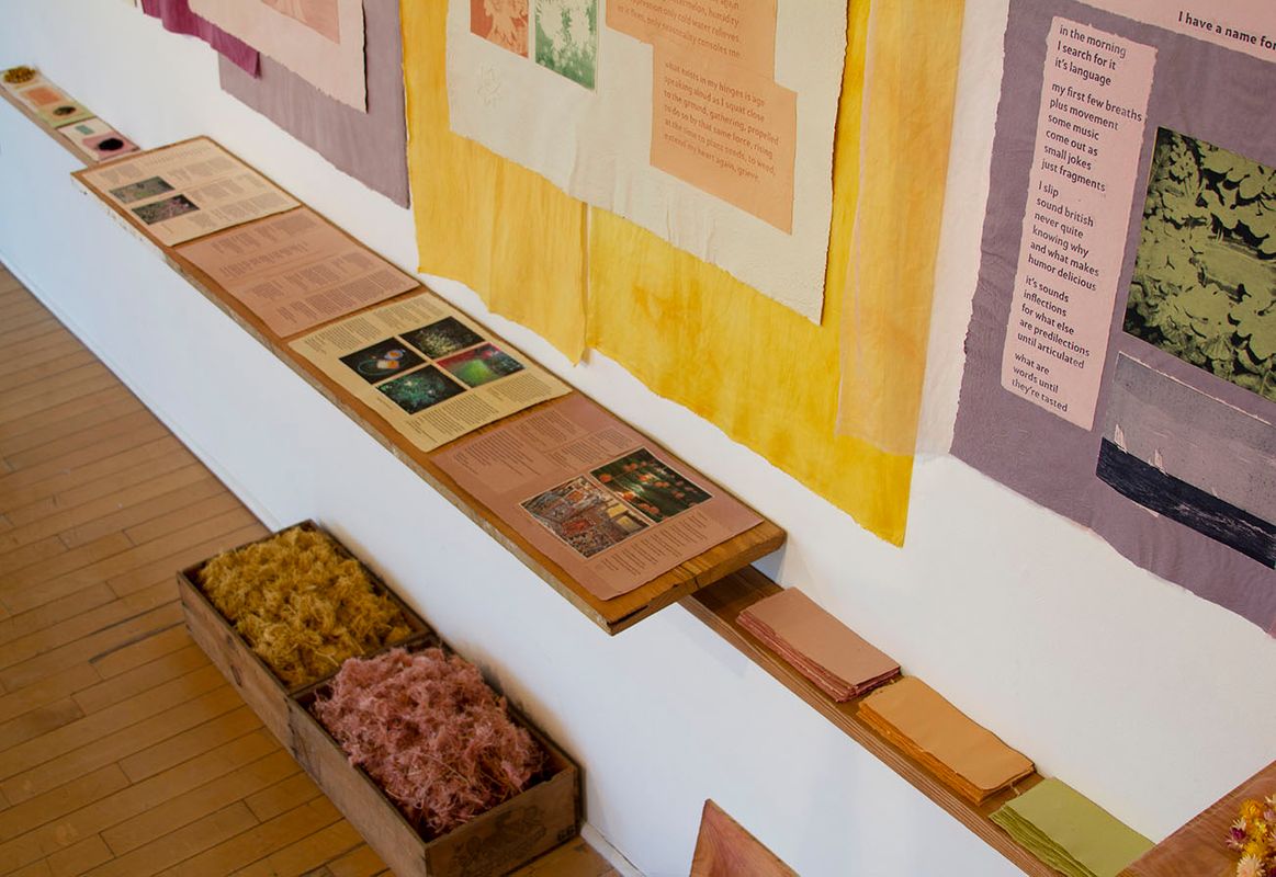 varied clarity: an index, 2021, handmade paper and ink, natural dye, cloth, reclaimed lumber, 7’ x 14’ installation. Photo credit: Hope Millham