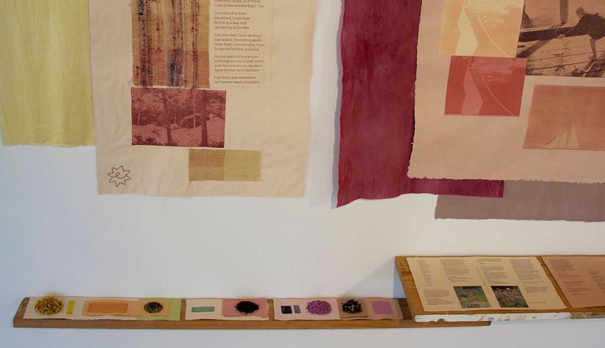 varied clarity: an index, 2021, handmade paper and ink, natural dye, cloth, reclaimed lumber, 7’ x 14’ installation. Photo credit: Hope Millham