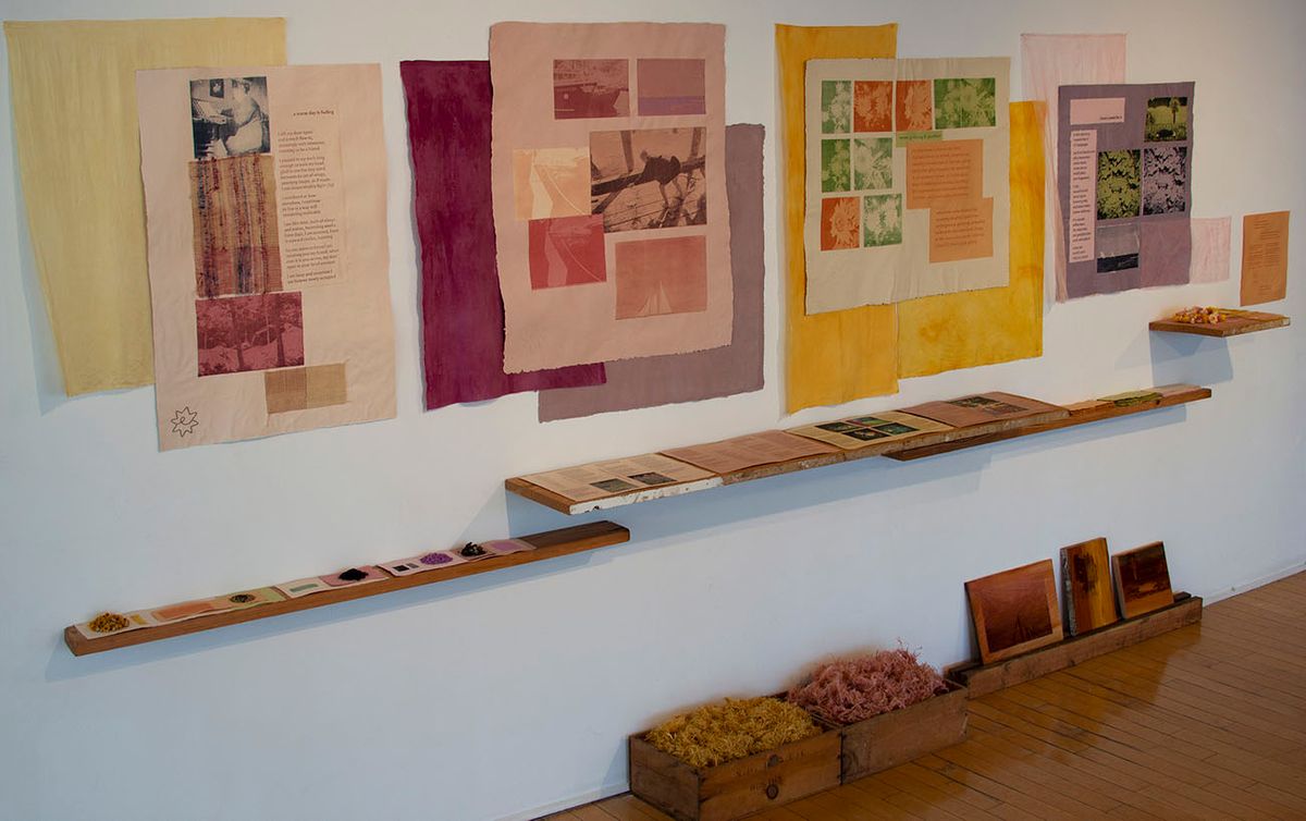 varied clarity: an index, 2021, handmade paper and ink, natural dye, cloth, reclaimed lumber, 7’ x 14’ installation. Photo credit: Hope Millham