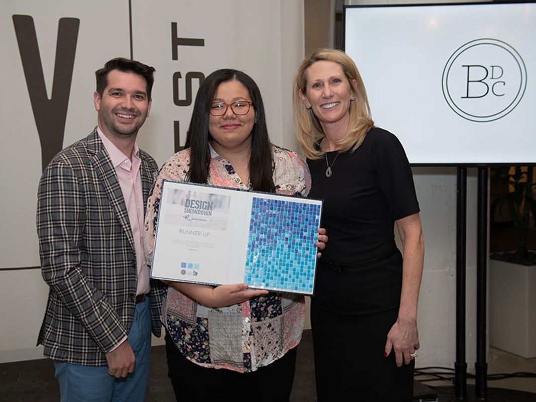 Master of Ceremonies Eric M. Haydel, Principal Eric Haydel, Haley Jackson, winner, Junior IAD UMassD.  Kristan McLaughlin General Manager Innovation & Design Building/Boston Design Center