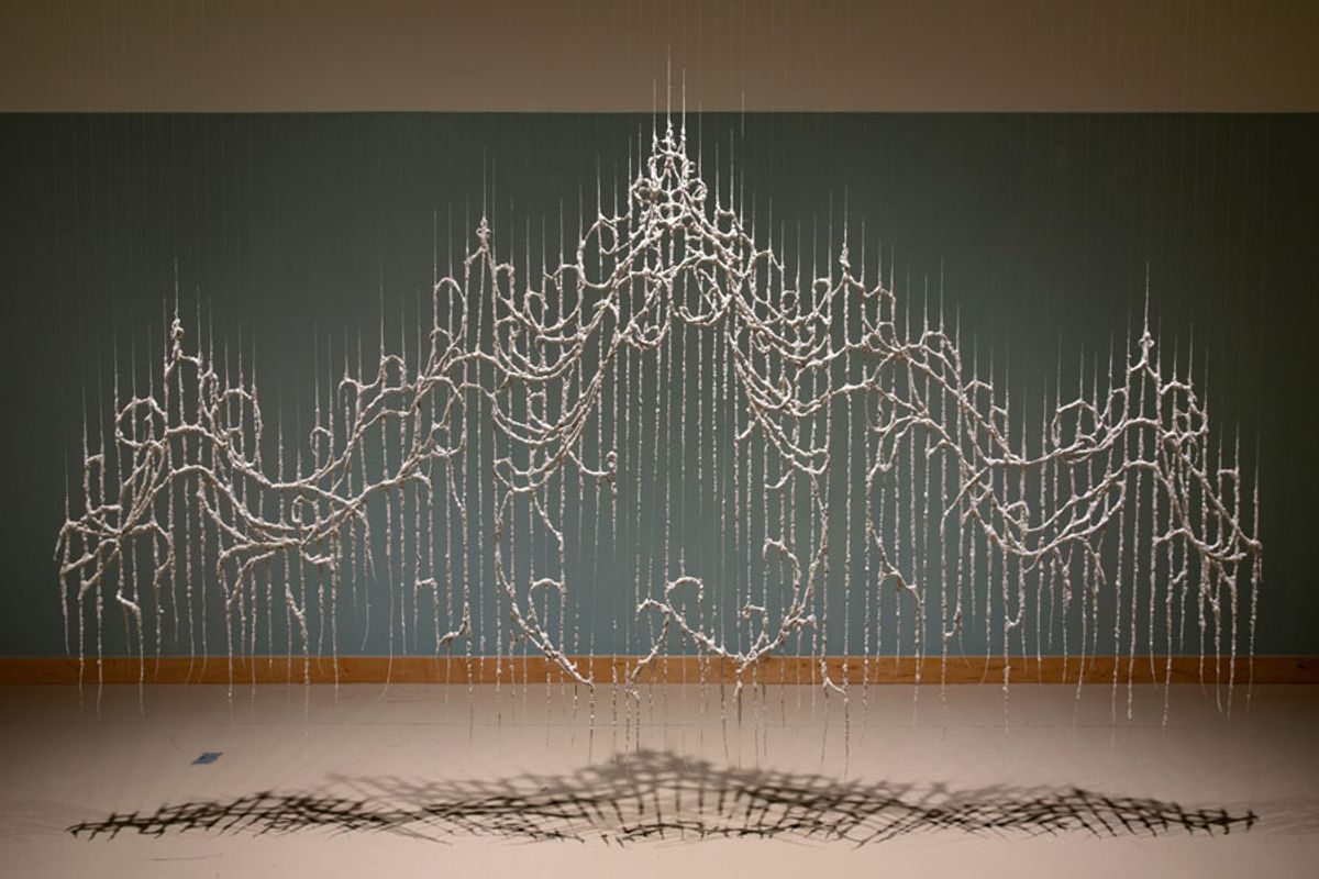 Between Thresholds III, 2021, North Carolina, unfired porcelain, fiber, fishing line,