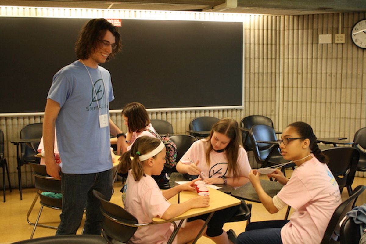Michael Savaria leading a workshop at a UMassD STEM4Girls Day sponsored by the Kaput Center